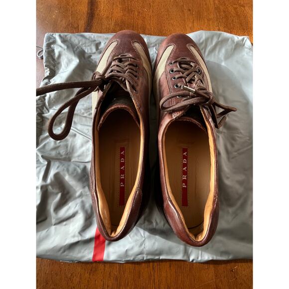 Authentic Prada Men's Size 9.5 Leather Low Trainers Brown w/Bag - Picture 9 of 14